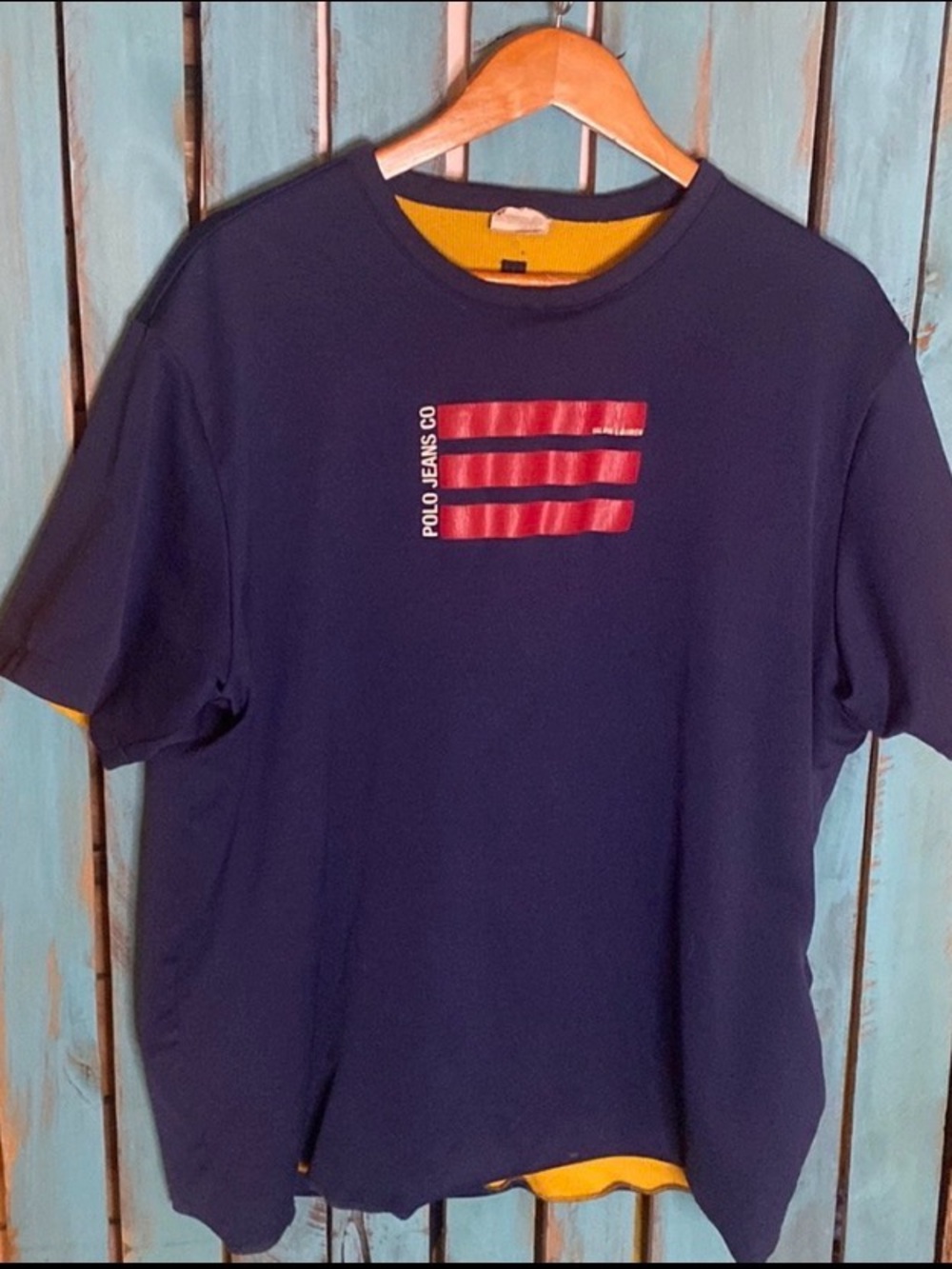 Ralph Lauren Polo Jeans Company size XXL polyester tech t shirt blue flag